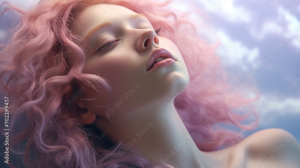 A woman with pink hair is laying down