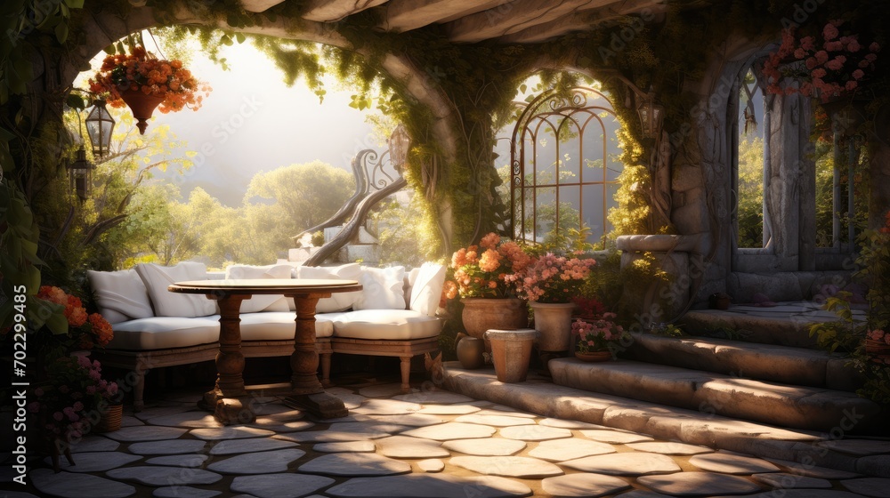 Fototapeta premium Overgrown cozy patio. Generative AI.