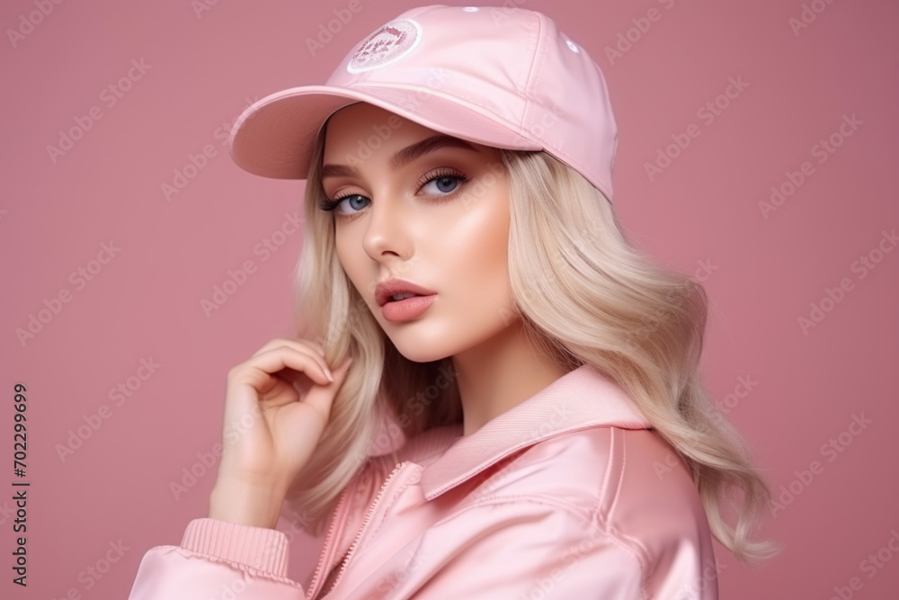 Pink color and femininity style in fashion. A cute blonde girl posing in a fashionable pink bomber jacket and a visor cap on a pink studio background. Youth fashion Pink color and femininity style in fashion. A cute blonde girl posing in a fashionable pink bomber jacket and a visor cap on a pink studio background. Youth fashion