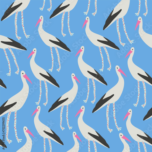 seamless pattern with stork with spotted legs and earthworm in vector. Template for poster logo icon for app website. Series of animal images in flat style