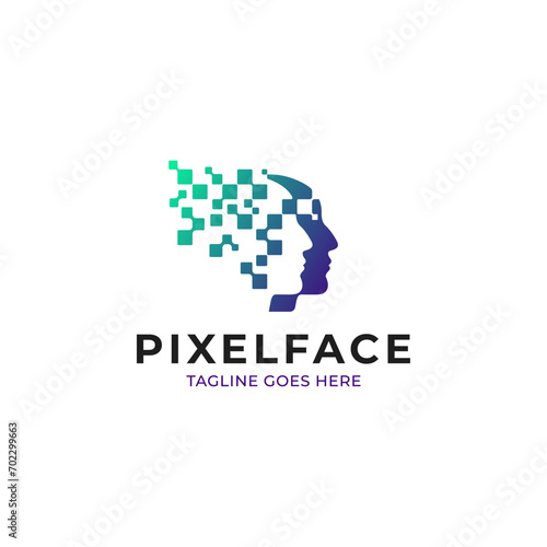 Digital Pixel Face Abstract Human Head Logo With Gradient Shattered Pixel