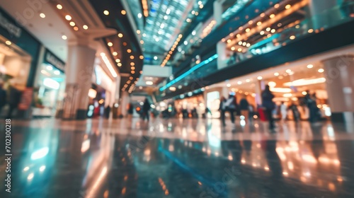 A shopping concept background with a modern shopping mall in blur, portraying several shoppers in motion. 