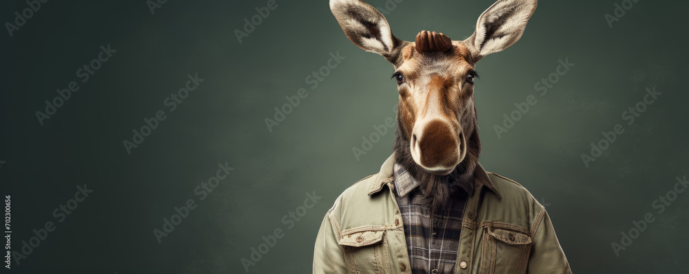 Moose in gardener suit. Man with moose head against color background. - obrazy, fototapety, plakaty 