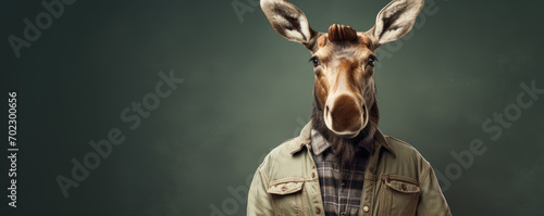 Moose in gardener suit. Man with moose head against color background. photo