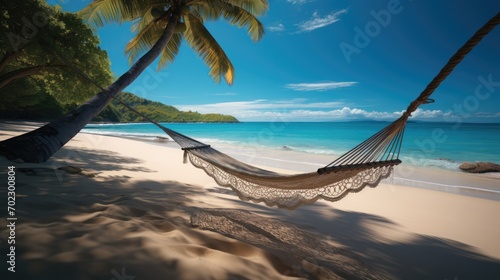 A hammock on a pristine beach. Generative AI. © visoot