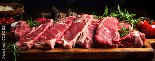 Lamb meat chops on wooden tray with green herbs and spices.