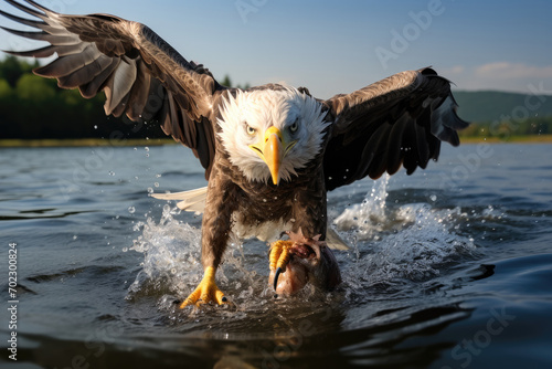 An sea eagle catching a fish in the water. Generative AI. photo