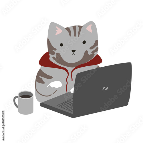 Funny programmer cat in red hoodie working at a laptop with a cup of coffee. IT engineer symbol, programmer sticker for cards and t-shirts. Isolated vector illustration