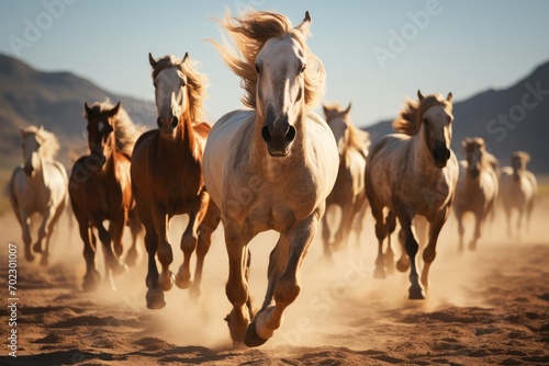 Group of horses running in the desert. Generative AI. photo