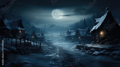 Dark mysterious snowy village around Christmas time. Generative AI. photo
