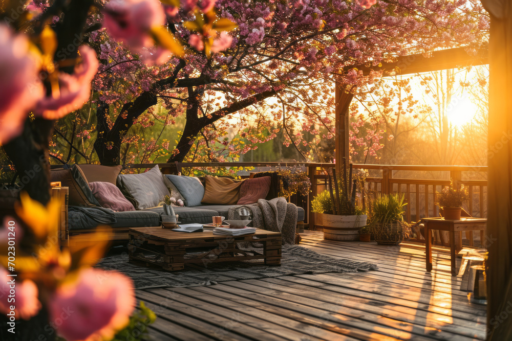Cozy wooden terrace with rustic wooden furniture, soft pillows and blankets. Charming sunny evening in spring garden with blossoming trees. - obrazy, fototapety, plakaty 