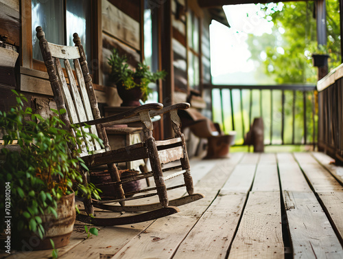 A weathered rocking chair on a peaceful rustic porch bathed in soft sunlight.