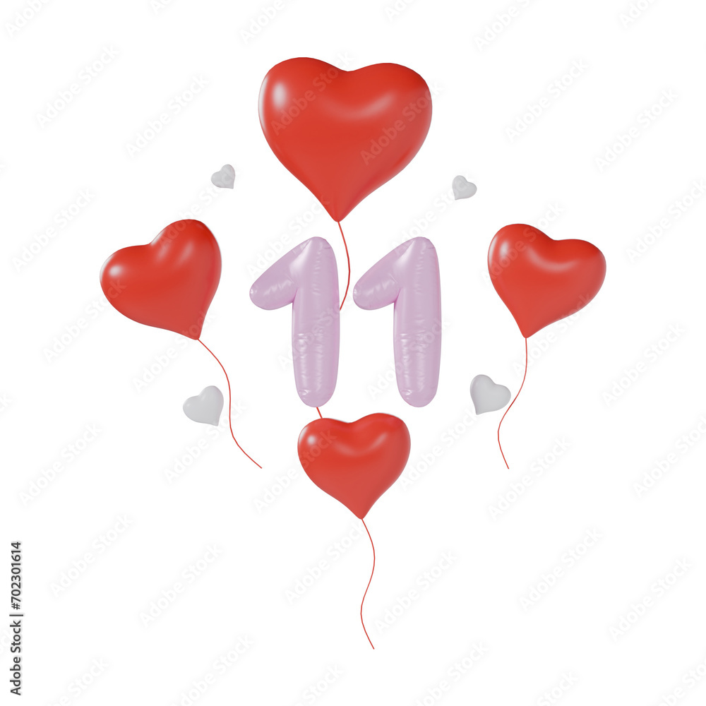Heart Number 11 Valentine Day Anniversary 3d illustration