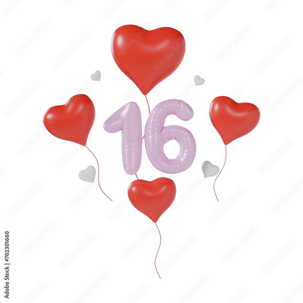 Heart Number 16 Valentine Day Anniversary 3d illustration