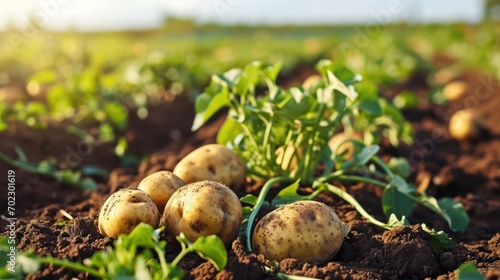 Agriculture vegetables harvest background, ripe potatoes on field