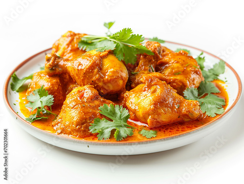 A plate of delicious chicken curry with a white background. Complete with spice ingredients.