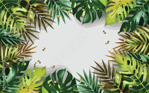 Fototapeta Naklejka Na Ścianę i Meble -  Abstract art gold tropical leaves background vector. Luxury wallpaper with watercolor, tropical leaf framed, palm leaf, flower, Vivid foliage, exotic green and gold brush glitter.
