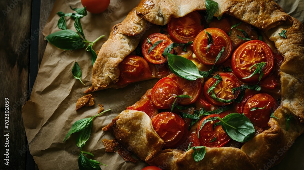 Fototapeta premium Freshly baked tomato galette on wooden table. rustic style background.