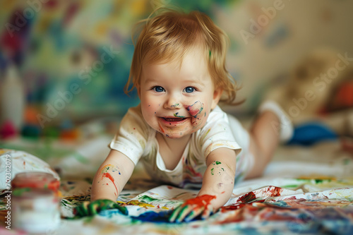 Cute cheerful baby playing with finger paints. Little infant painting on white background. Creative leisure for babies.