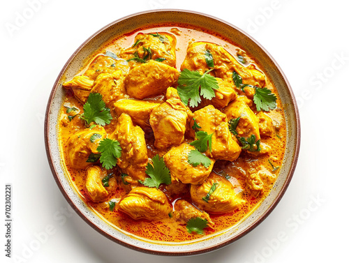 A plate of delicious chicken curry with a white background. Complete with spice ingredients.