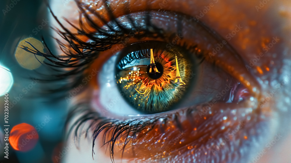 Close-up of a woman's beautiful eye with the reflection of the city and the Eiffel Tower in the background. Close-up of a woman's beautiful eye with the reflection of the city and the Eiffel Tower in the background.