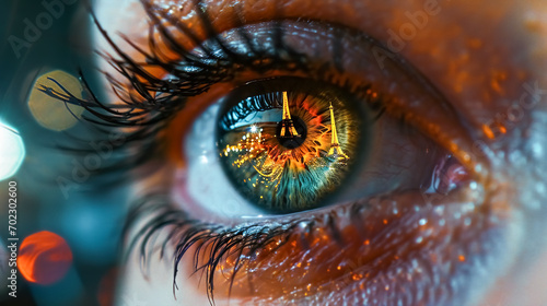 Close-up of a woman's beautiful eye with the reflection of the city and the Eiffel Tower in the background.  © korkut82