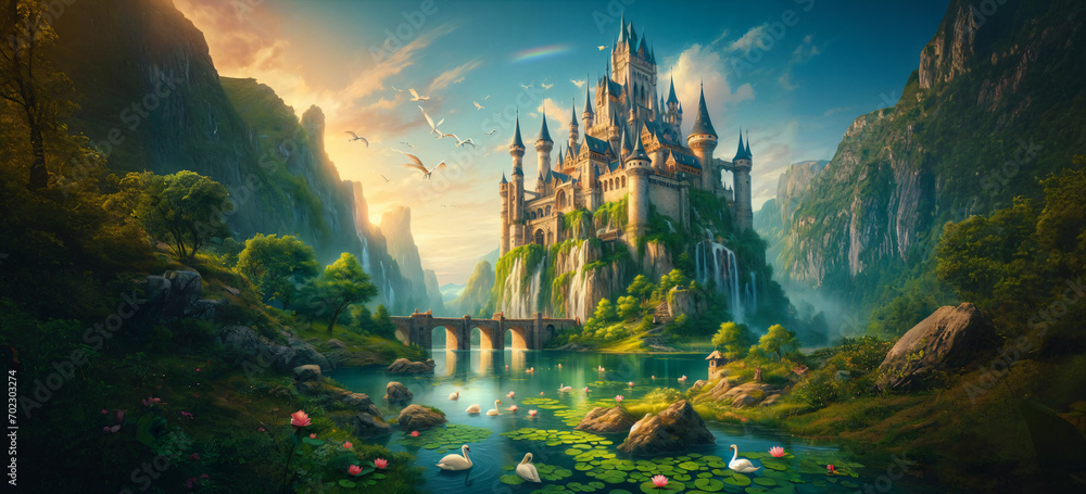 sunrise in the mountains,Castle and Rainbow,A scenic view of a majestic castle with a rainbow, a serene lake with swans, and lush greenery,Generative AI - obrazy, fototapety, plakaty 