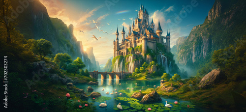 sunrise in the mountains,Castle and Rainbow,A scenic view of a majestic castle with a rainbow, a serene lake with swans, and lush greenery,Generative AI