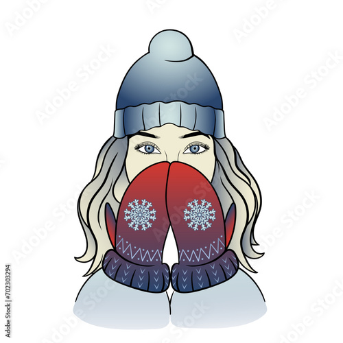 The girl covered her face with her gloved hands. Vector illustration of a young girl in warm winter clothes.