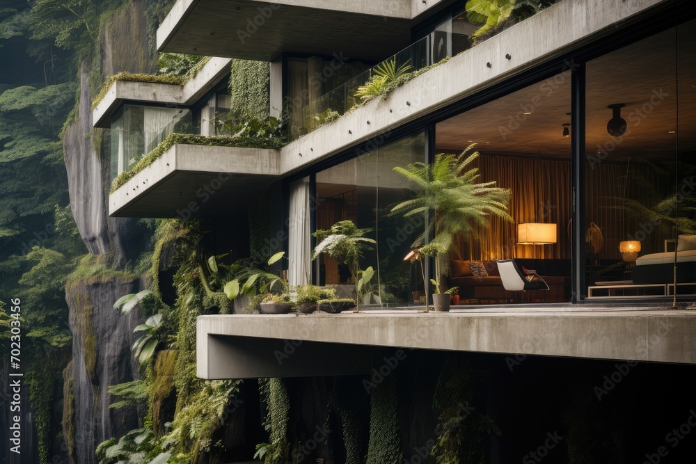 Fototapeta premium Mountain house with brutal concrete and stone material in jungle. Generative AI.