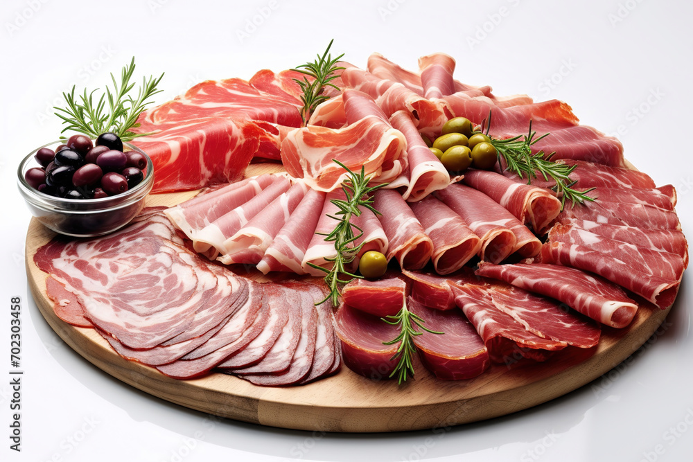 Assortment , sliced meat appetizer, prosciutto, salami and ham, with olives on white table Assortment , sliced meat appetizer, prosciutto, salami and ham, with olives on white table