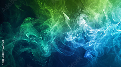 Abstract Swirls of Emerald Green and Deep Blue Smoke on Dark Background