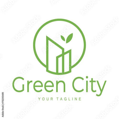 green and healthy modern city with leaf logo design for business, property, building, eco city, future city, architect, environmentally friendly