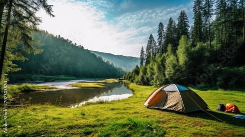 Fototapeta Naklejka Na Ścianę i Meble -  Campground activity fun trail travel vacation grass holiday mountains leisure river rest summer landscape tent park sport hiking adventure forest sun nature spot