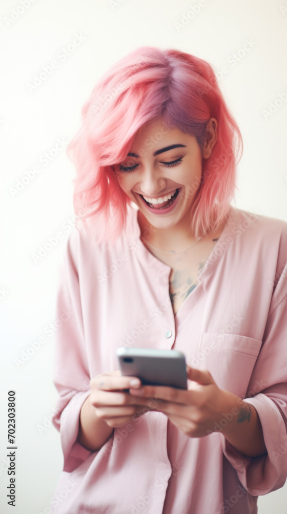 A pink-haired young woman looking at the smartphone and laughing closeup. A pink-haired young woman looking at the smartphone and laughing closeup.