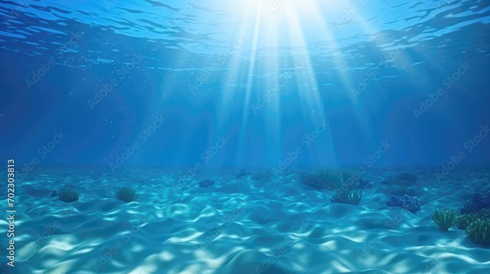 Deep ocean, blue underwater with sunlight shine to sand sea floor Deep ocean, blue underwater with sunlight shine to sand sea floor