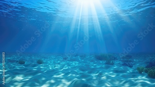 Deep ocean, blue underwater with sunlight shine to sand sea floor © Eyepain