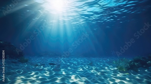 Deep ocean, blue underwater with sunlight shine to sand sea floor