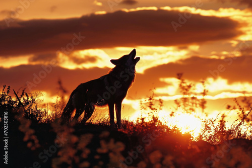 A gray wolf mid-howl, its silhouette framed against a vibrant sunset