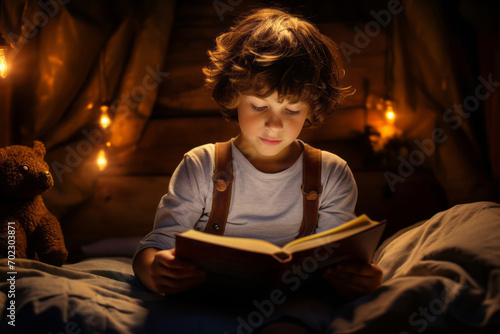 Cute little boy reading a book in his bed at night. Child reading in dark bedroom with string lights on.