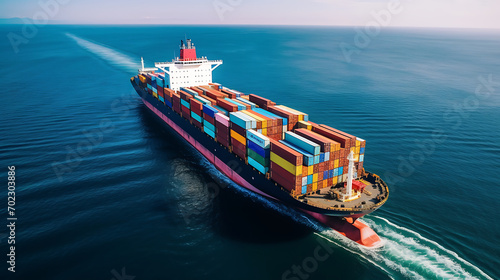 Aerial shot of ship with colored containers, sunny day