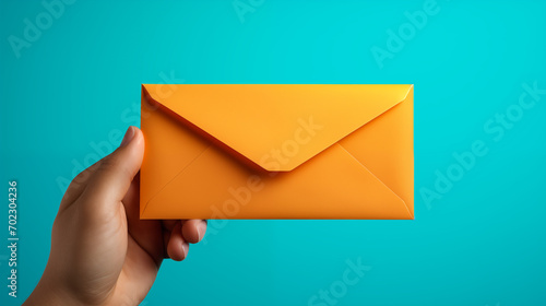 Hand holding an orange envelope on a blue background