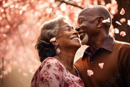 Happy senior black couple walking a blossoming sakura park on spring evening. Retired husband and wife having fun outdoors. Retirement hobby and leisure activity for elderly people.