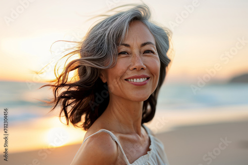 Smiling mature woman at the beach at sunrise, happy, joyful, enjoying sunny weather near the ocean, natural and relaxed senior lifestyle