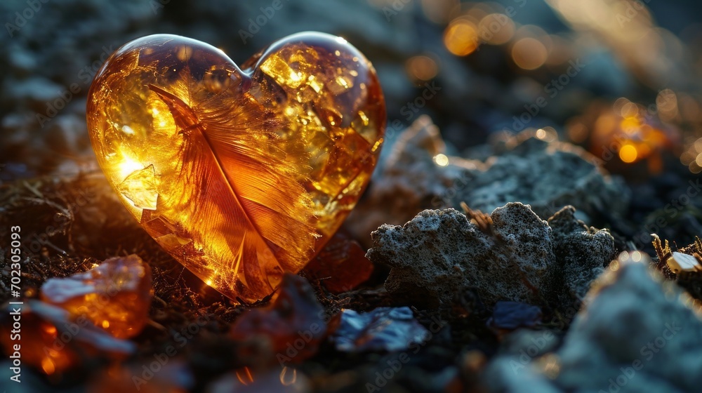 1cheeselog Closuup photo of a Hawk feather trapped in yellow golden amber nugget shaped like a heart -- 1cheeselog Closuup photo of a Hawk feather trapped in yellow golden amber nugget shaped like a heart --
