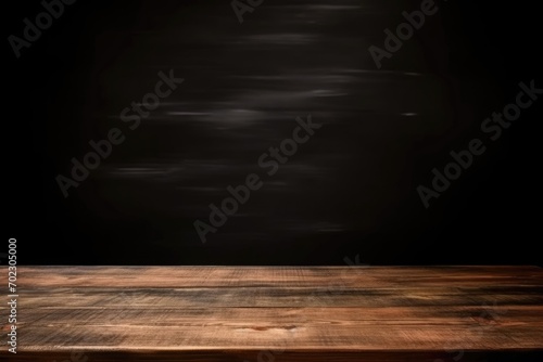 Wooden table with dark black background, in the style of spectacular backdrops, hard edge painter