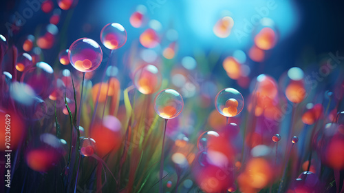 Glowing soap bubbles rise in a serene night garden, creating a dreamlike and peaceful atmosphere. Suitable for relaxation and meditation content, sleep aids © eleonora_os