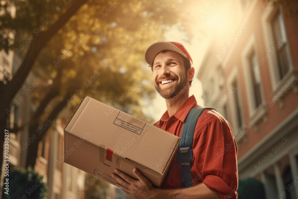 Delivery man holding a package standing next to a delivery truck ...