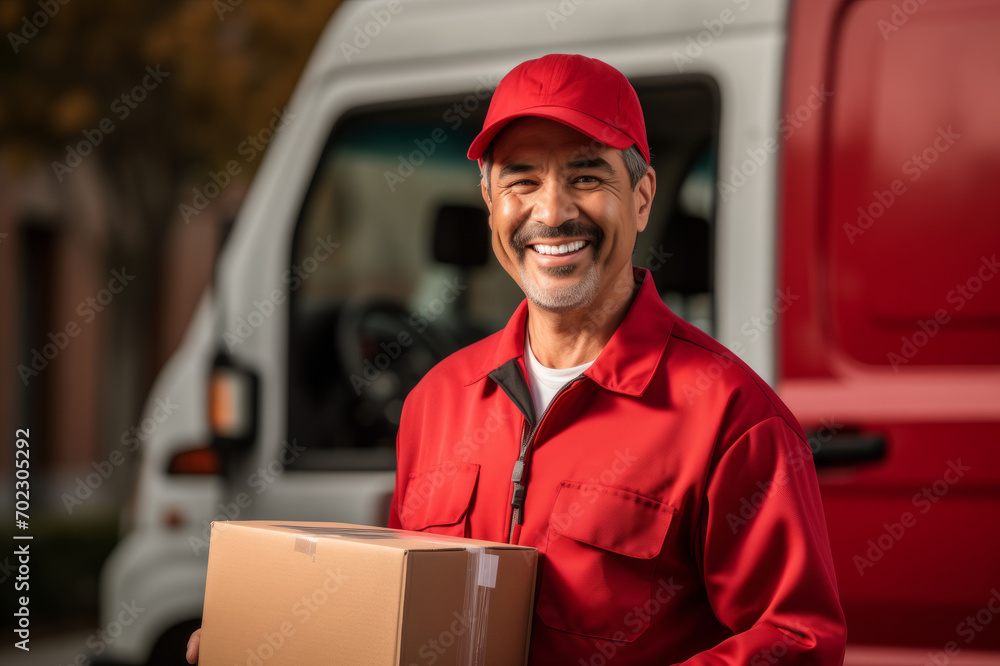 Delivery man holding a package standing next to a delivery truck. Handsome male courier ensure that recipients receive their packages and other items in a timely manner. Delivery man holding a package standing next to a delivery truck. Handsome male courier ensure that recipients receive their packages and other items in a timely manner.
