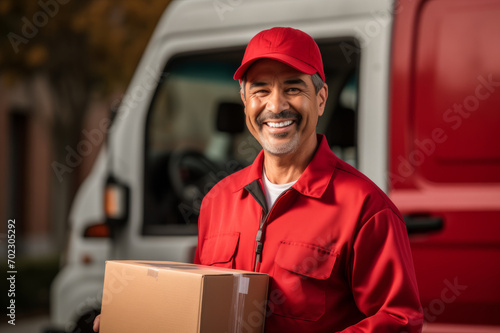 Delivery man holding a package standing next to a delivery truck. Handsome male courier ensure that recipients receive their packages and other items in a timely manner.